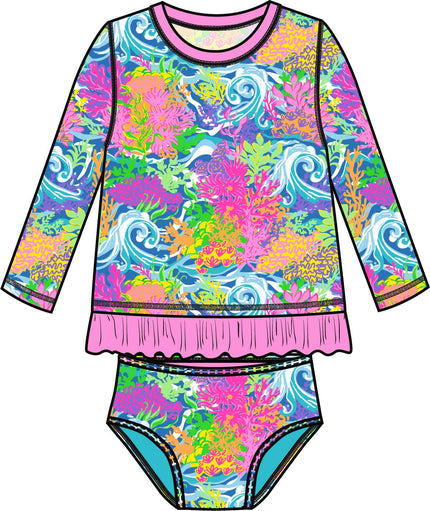 Girls Neon Ocean Coral Long Sleeve Rash Guard 2-Piece Swimsuit