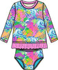 Girls Neon Ocean Coral Long Sleeve Rash Guard 2-Piece Swimsuit