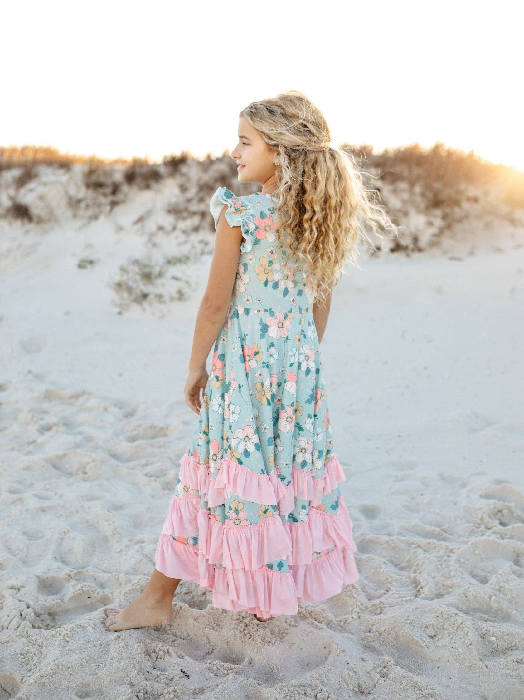 Kids Bella Mint Pastel Floral Flutter Sleeve Ruffles Dress