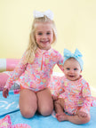 Girls Sunset Seashells Long Sleeve Zipper Rash Guard 2-Piece Swimsuit with Signature Rear Ruffles