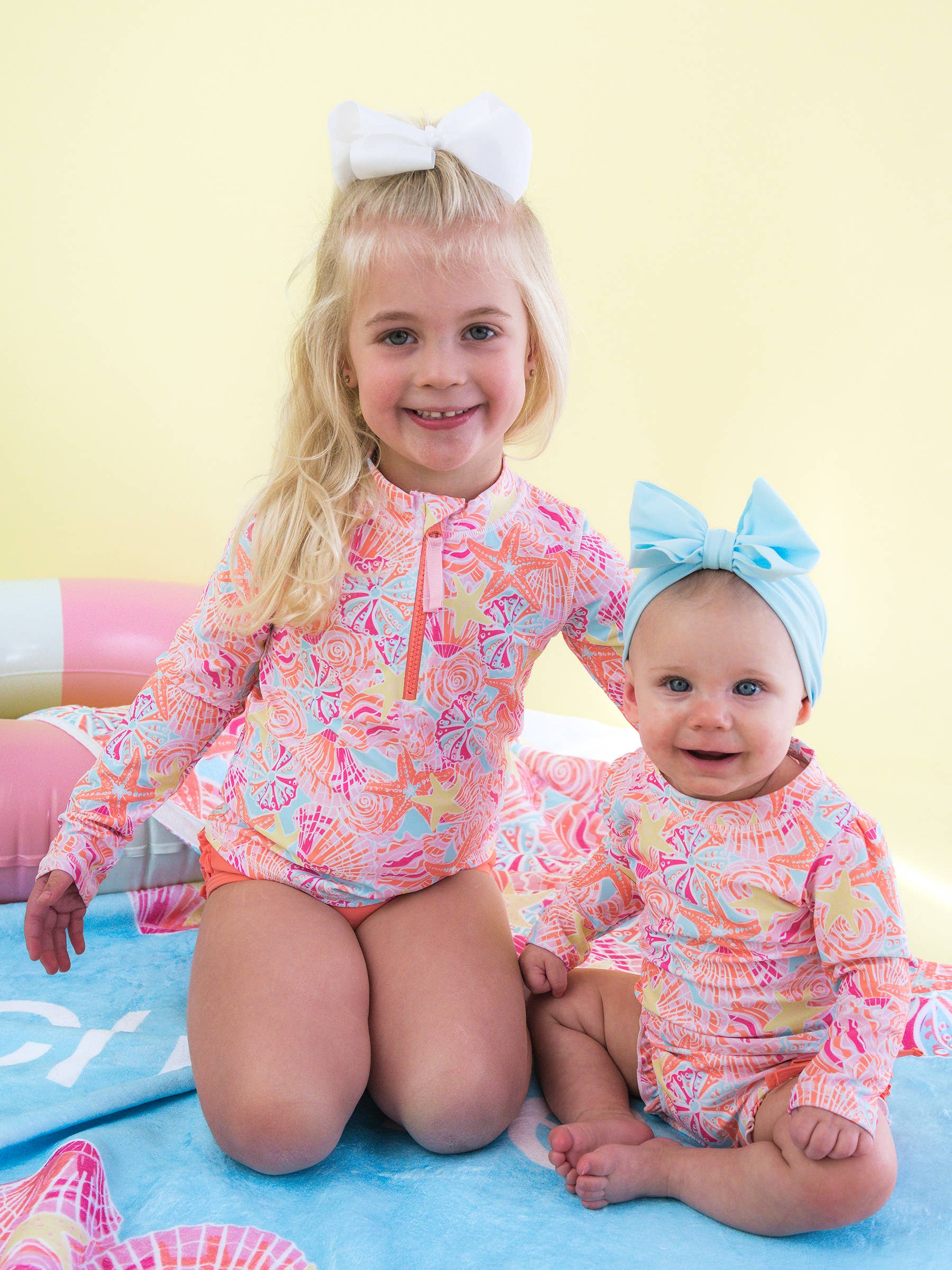 Girls Sunset Seashells Long Sleeve Zipper Rash Guard 2-Piece Swimsuit with Signature Rear Ruffles