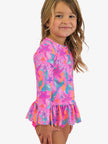 Girls Neon Shimmer Mermaid Scallop Hem Long Sleeve Rash Guard 2-Piece Swimsuit with Signature Rear Ruffles