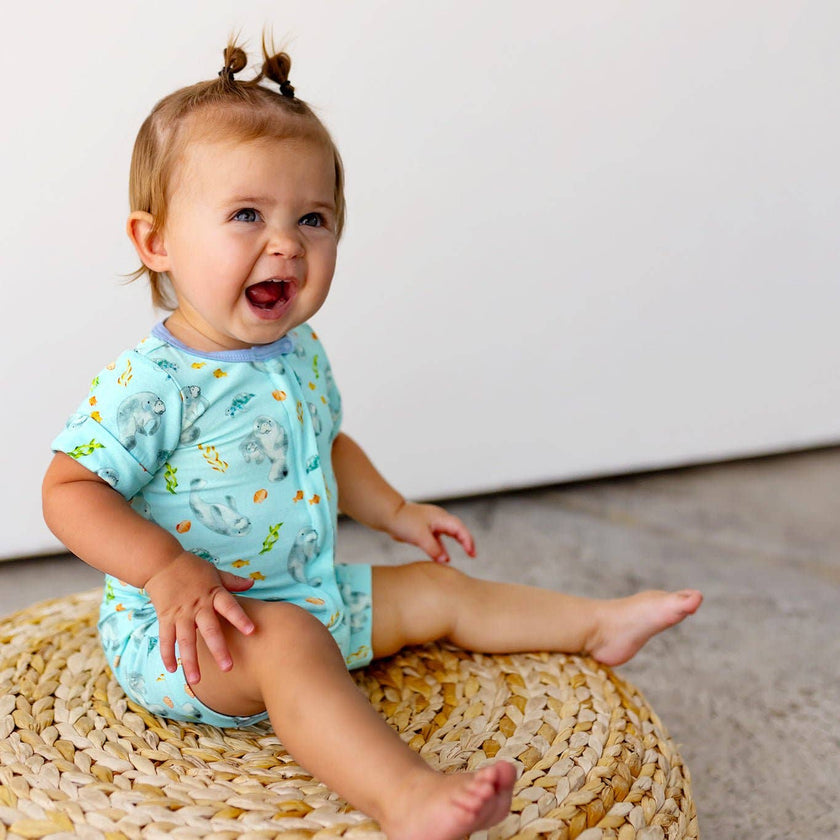 Get Your Float on Manatees Bamboo Short Two-Way Zippy Romper 0-24M