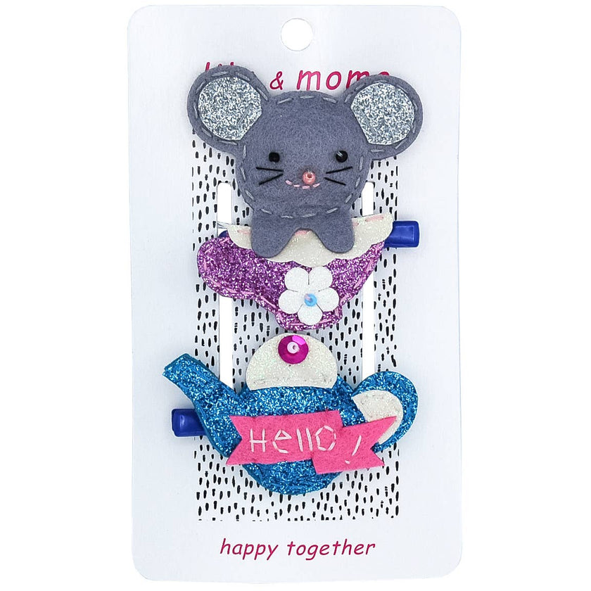 Cute Mouse & Teapot Kids handmade Hair Clips- Grey and Aqua