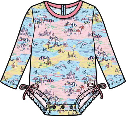Baby Girls Beach Day Long Sleeve One Piece Rash Guard Swimsuit with Signature Rear Ruffles