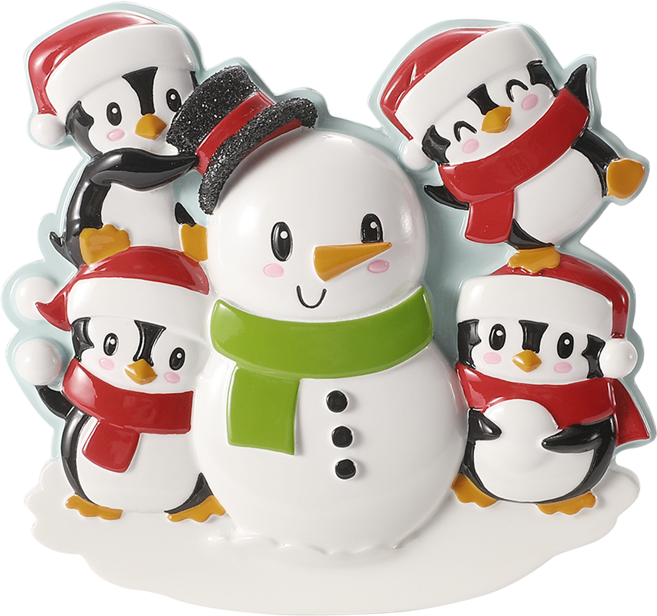 Penguin Family Building a Snowman Personalized Ornament