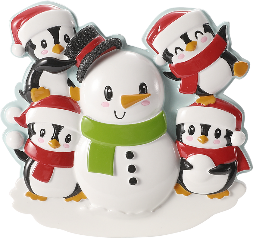 Penguin Family Building a Snowman Personalized Ornament