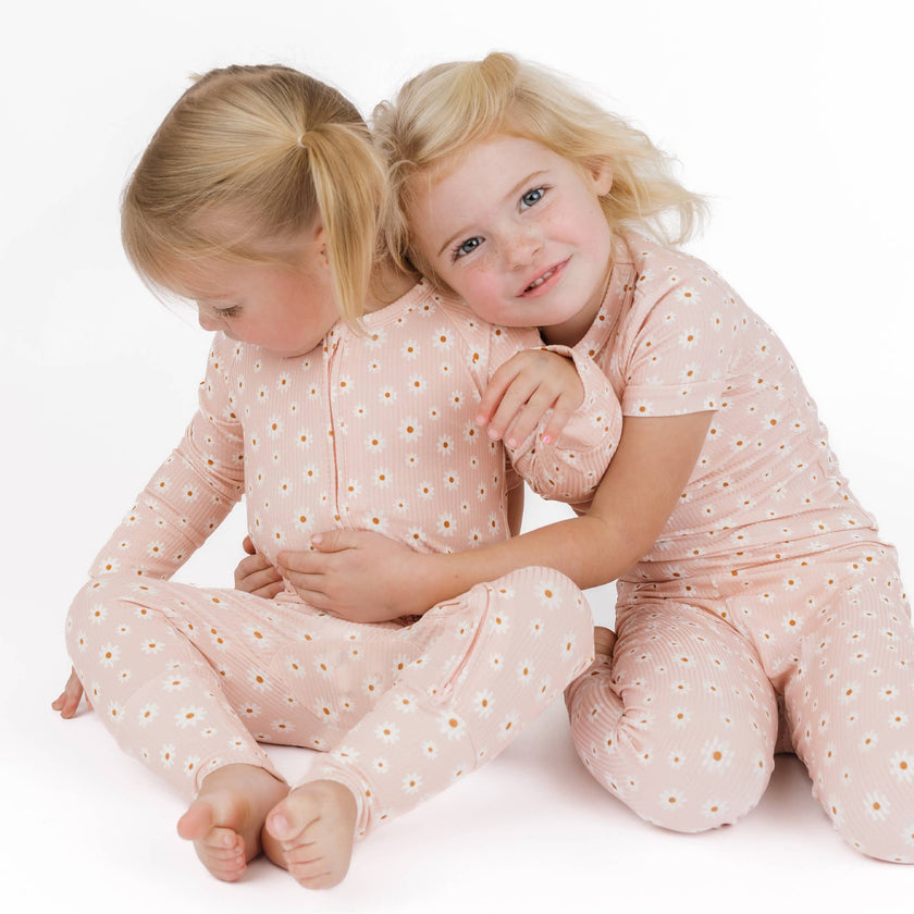 Pink Daisy Two-Piece Ribbed Bamboo Short Sleeve Kids Pajama Pants Set