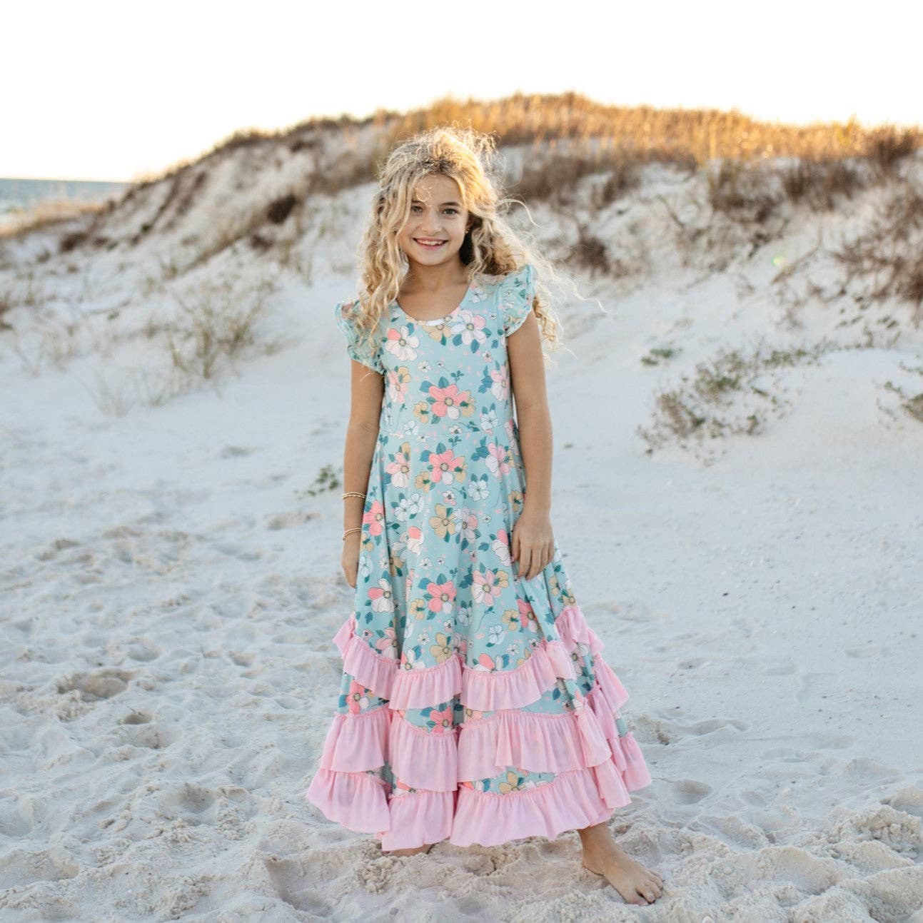 Kids Bella Mint Pastel Floral Flutter Sleeve Ruffles Dress
