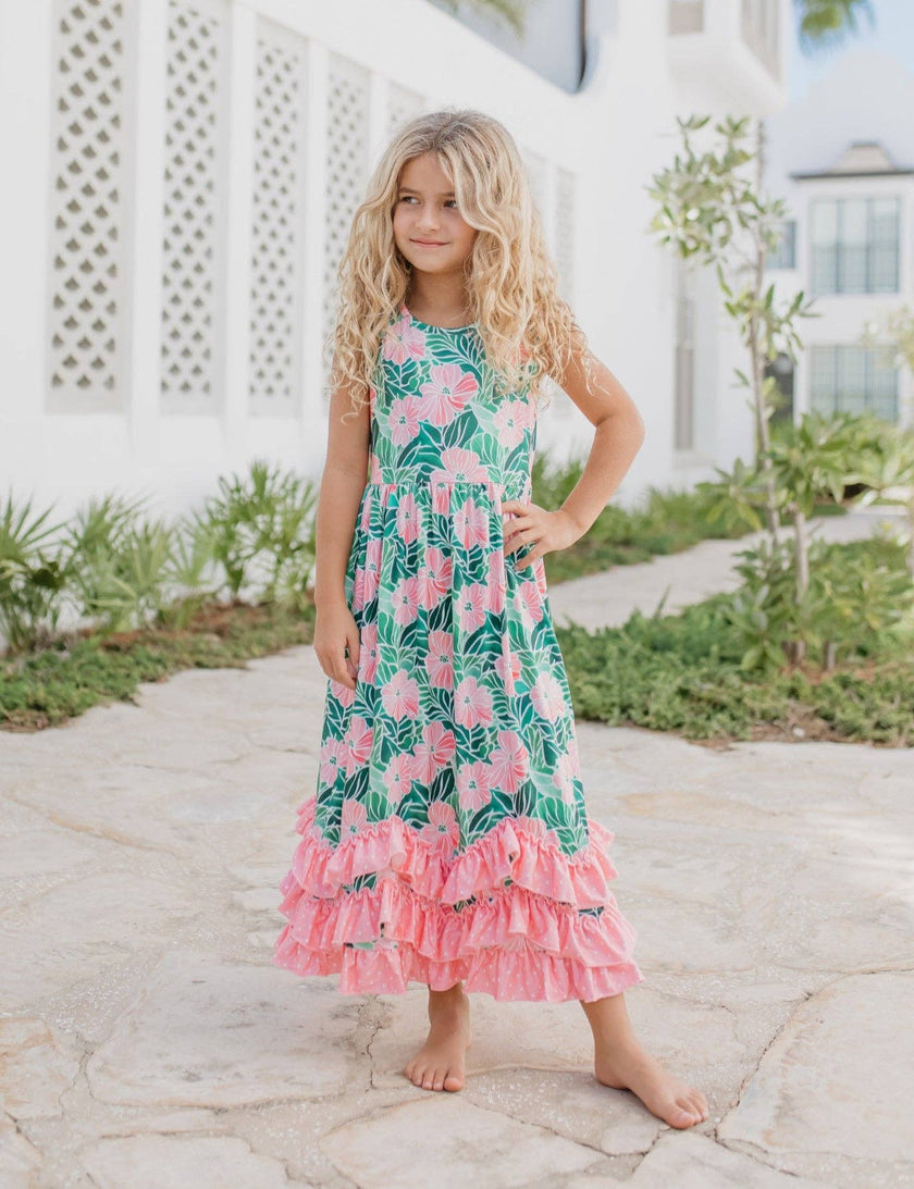 3 Tiered Pink Green Tropical Spring Ruffles Dress