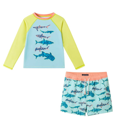 Boys Long Sleeve Rashguard Set | Aqua & Lime Shark