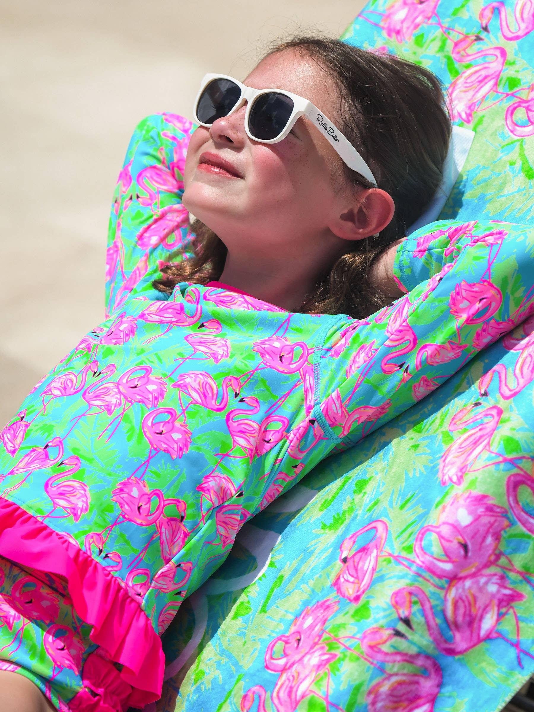 Girls Neon Flamingo Fun Long Sleeve Rash Guard 2-Piece Swimsuit with Signature Rear Ruffles