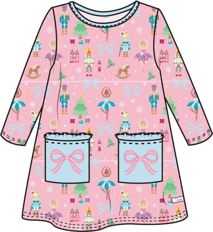 Girls Sugarplum Dreams Bows Knit A-line Patch Pockets Dress