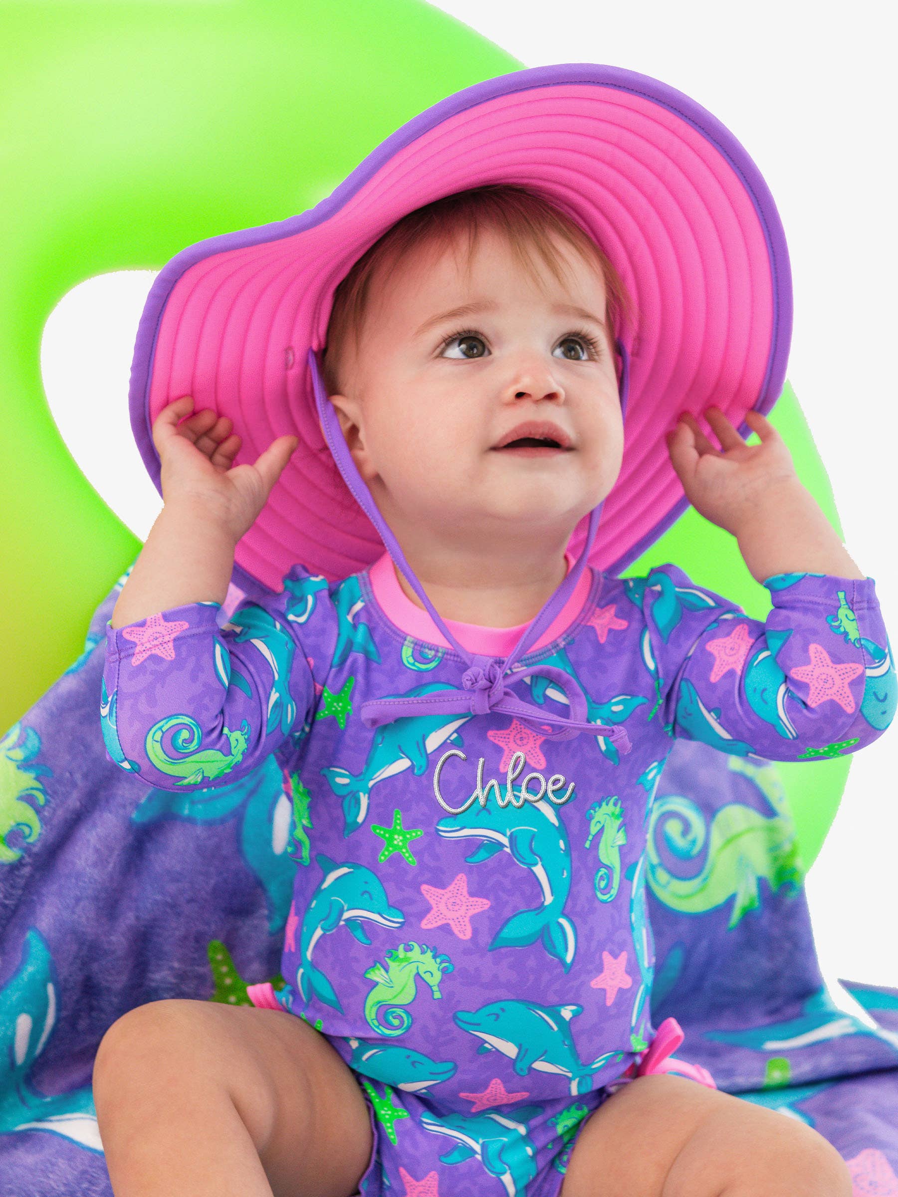 Baby Girls Neon Fin Friends Long Sleeve One Piece Rash Guard Swimsuit with Signature Rear Ruffles