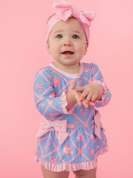 Baby Girls Tropical Trellis Long Sleeve One Piece Bow Peplum Rash Guard Swimsuit with Signature Rear Ruffles