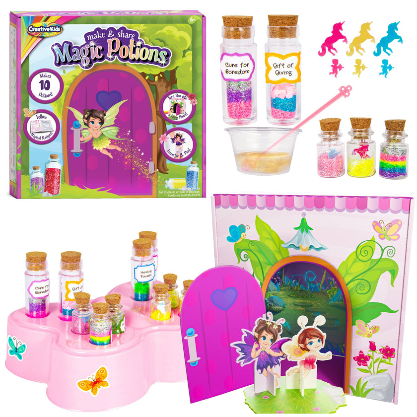 * Create 10 Magical Potions: mix fairy magical ingredients to make 10 mini potions using the included recipe book&nbsp; * A Fairy Good Home: flip the box inside out to turn it into a fairy toy house! Decorate the home with included fairy stickers&nbsp; * Display with Pride. Use the adorable butterfly display to exhibit your fairy potions so they are always at hand&nbsp; * Make Fairy Friends: this kit comes with punch-out fairies for an immersive fairy land experience&nbsp; * Magical Gift: there’s hours of f