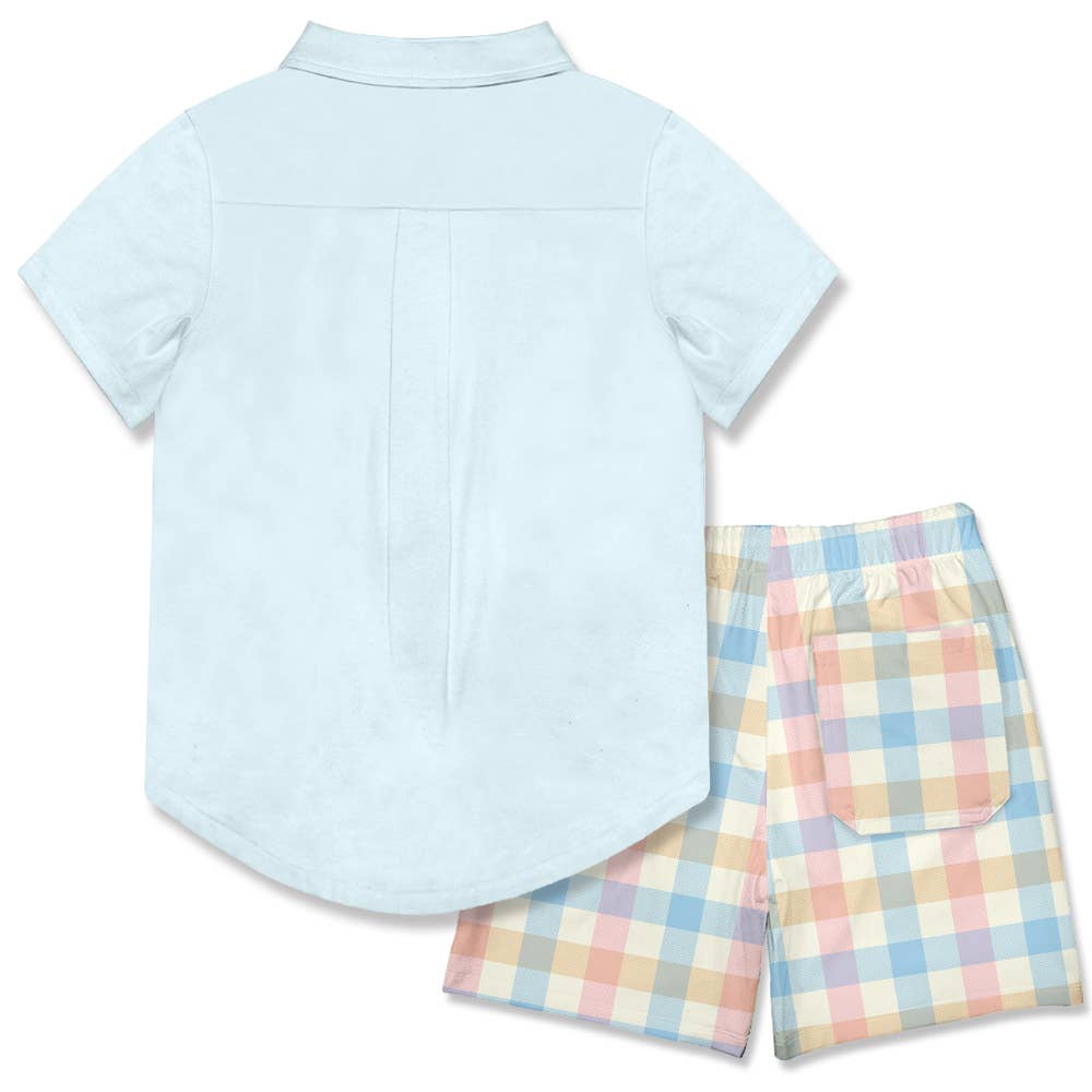 Boys Ice Blue Short-Sleeve Button-Up & Pocket Shorts