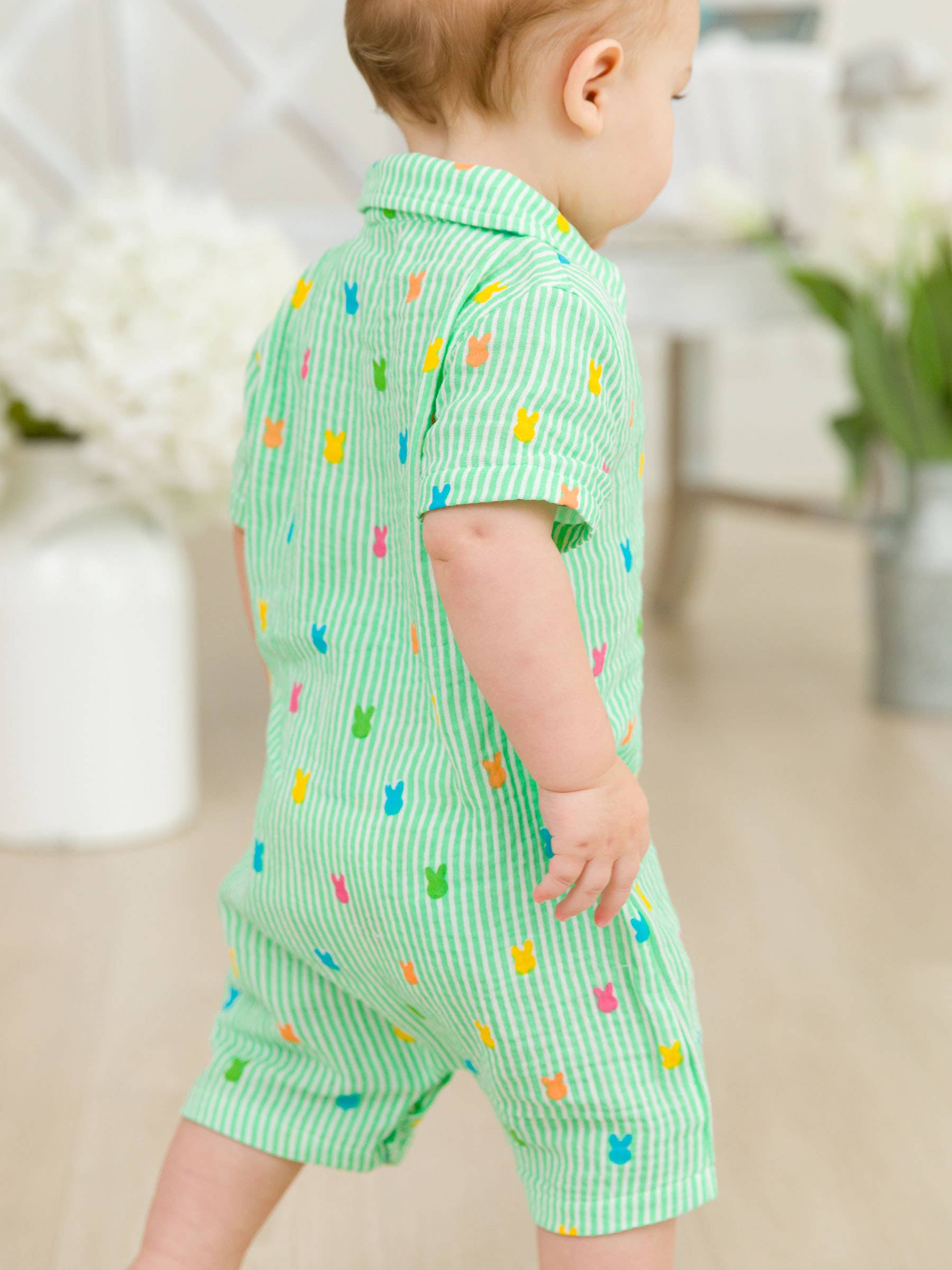 Baby Boys Green Bunny Stripe Cotton Gauze Button-Up Romper