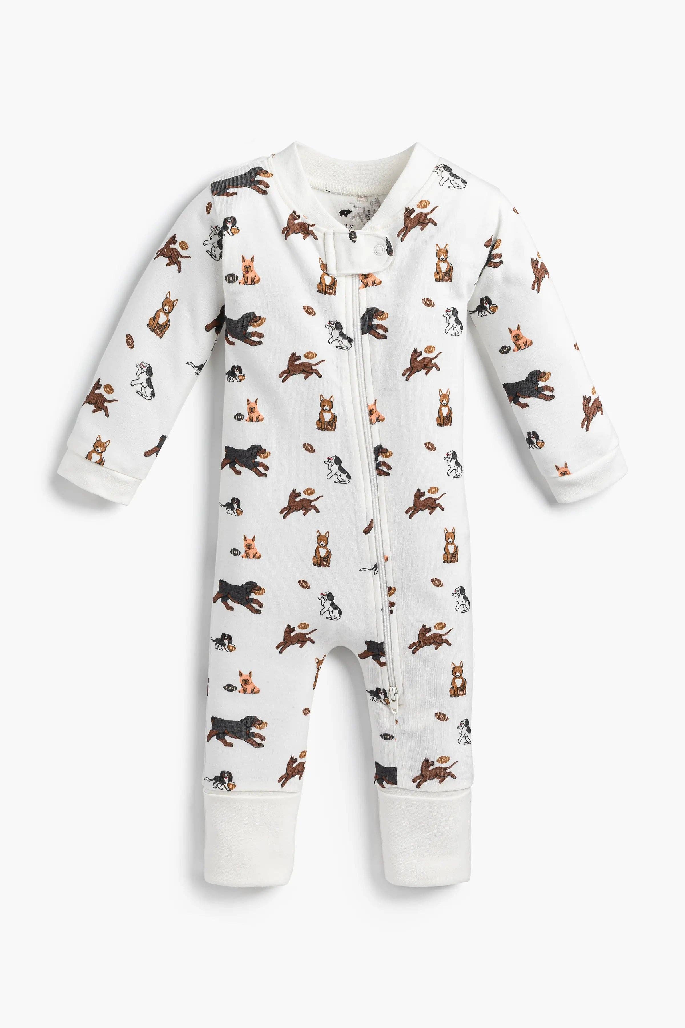 One-Piece Baby Pajamas Football Pups Organic Cotton