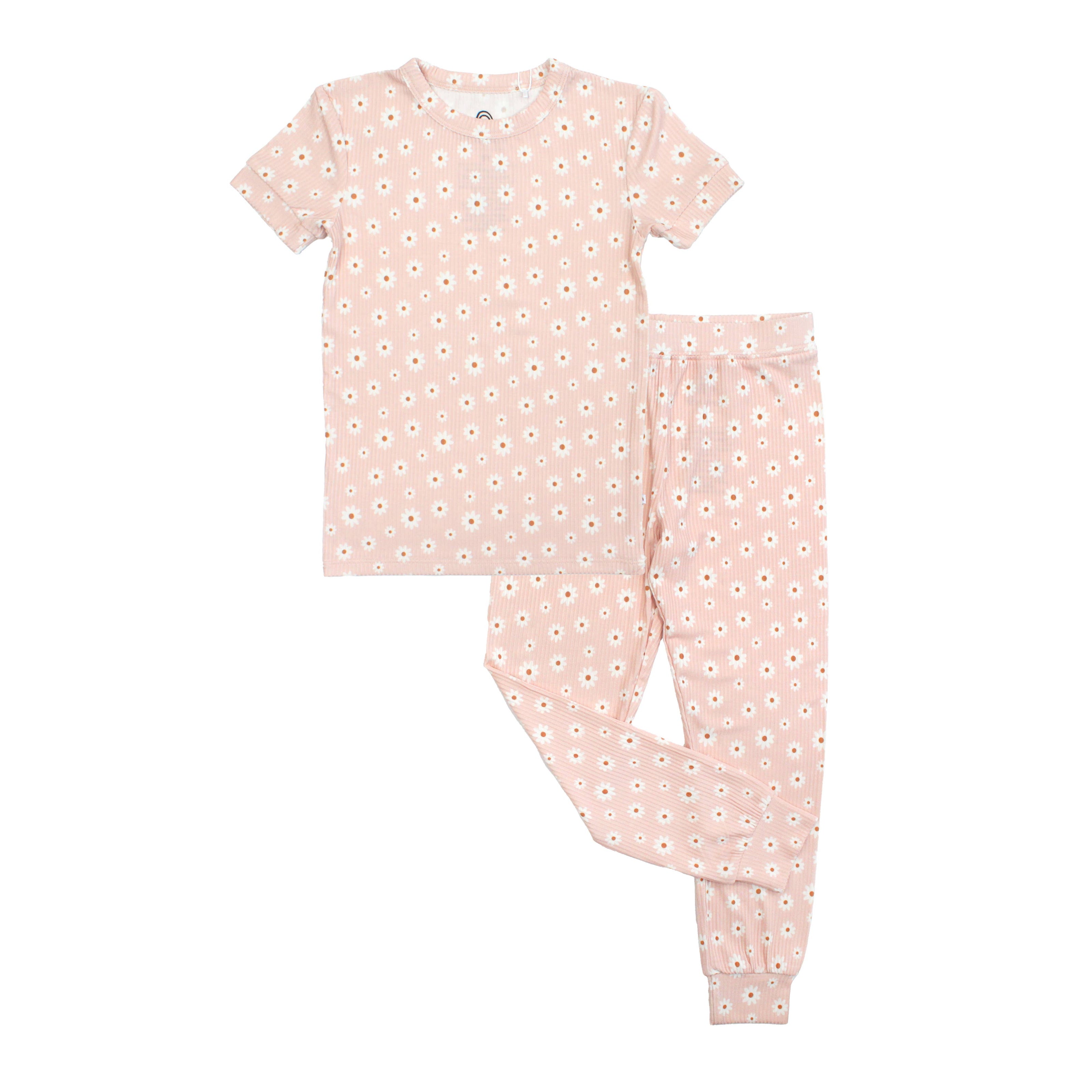 Pink Daisy Two-Piece Ribbed Bamboo Short Sleeve Kids Pajama Pants Set