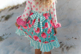 Kids Pink & Teal Floral Polka Dot Ruffle Twirl Dress