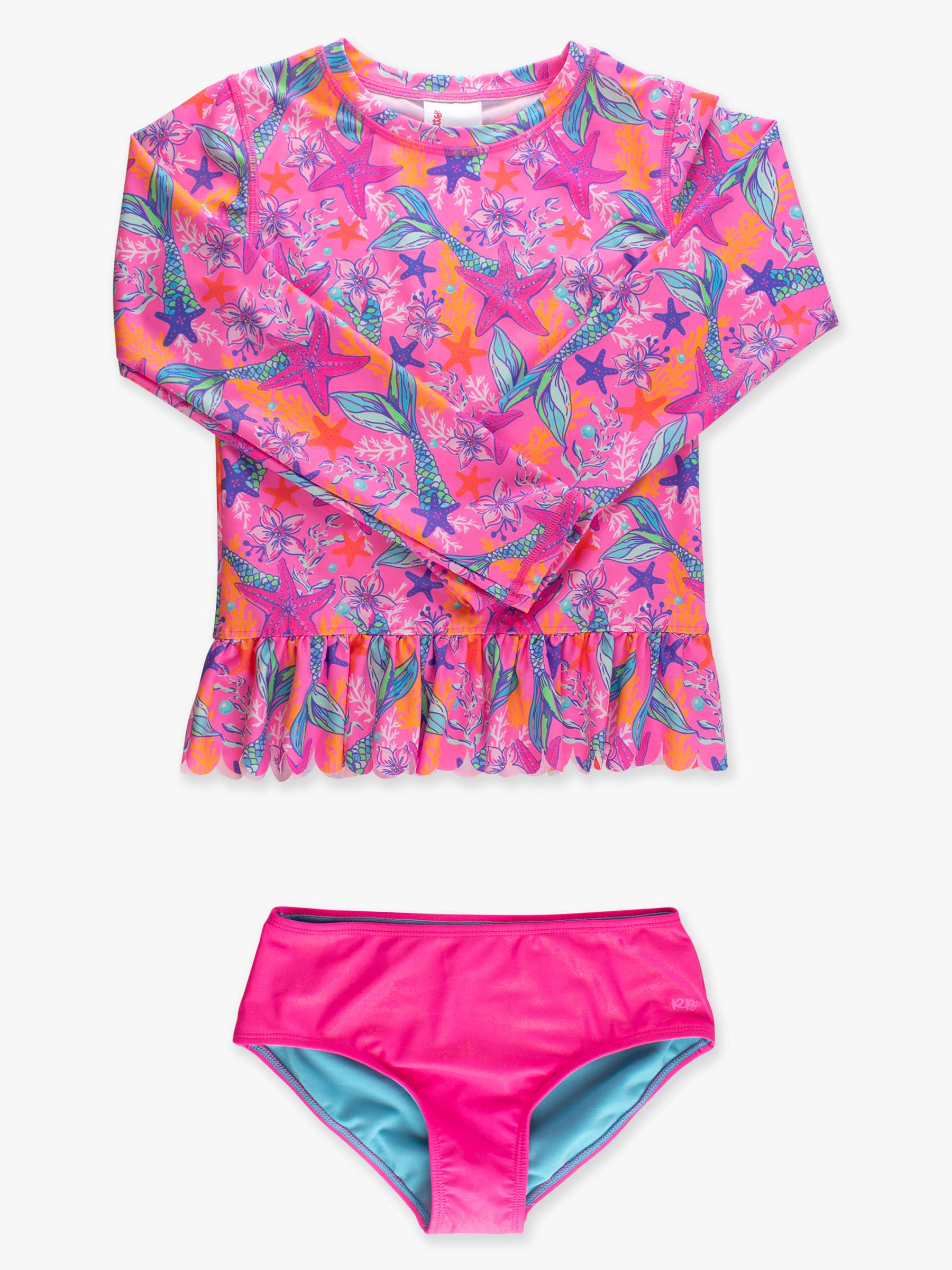 Tween Girls Neon Shimmer Mermaid Scallop Hem Long Sleeve Rash Guard 2-Piece Swimsuit