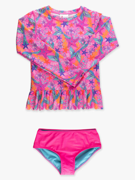 Tween Girls Neon Shimmer Mermaid Scallop Hem Long Sleeve Rash Guard 2-Piece Swimsuit