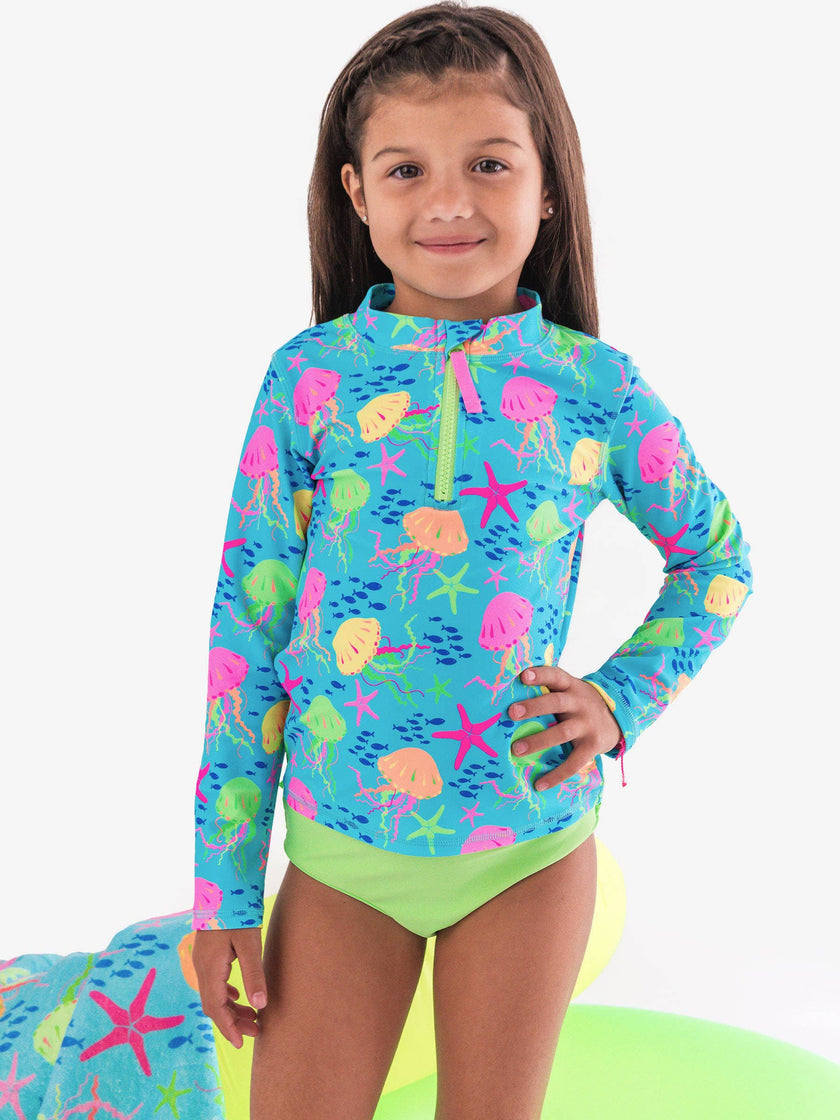 Girls Neon Jelly Time Long Sleeve Zipper Rash Guard 2-Piece Swimsuit with Signature Rear Ruffles