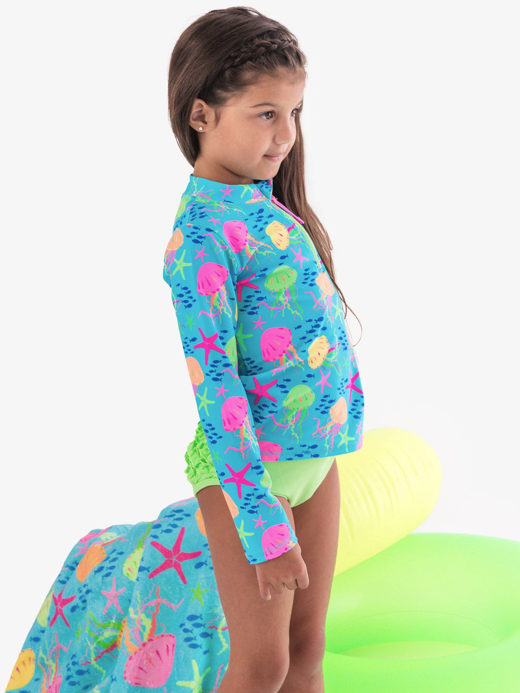 Girls Neon Jelly Time Long Sleeve Zipper Rash Guard 2-Piece Swimsuit with Signature Rear Ruffles