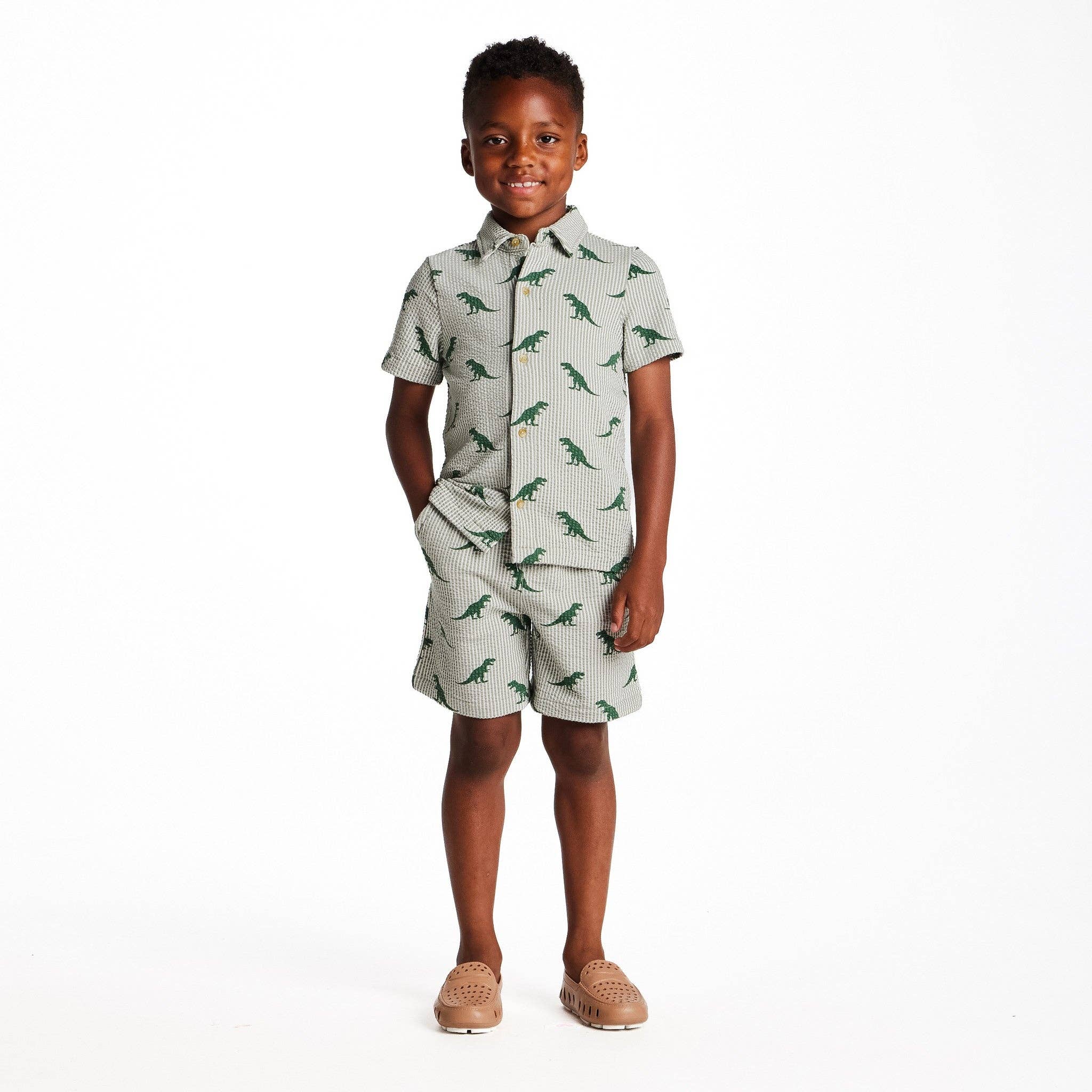 Boys Short Sleeve Cabana Set | Green Stripe Dino