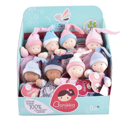 These precious dolls are all so super cute, an adorable group of smiling happy babies They come in the wonderful display box and make an adorable collection. Made using 100 % Organic Natural Rubber. Gorgeous hand painted features and details, make these super cute babies. Lovely soft outfits in pastel shades with cute little hats. Age Recommendation: 0+ months Height of each doll: 8 inches Display contains 8 dolls Head - Natural rubber Latex Skin and Outfit - 100% Cotton Single Jersey Safety Standards: This