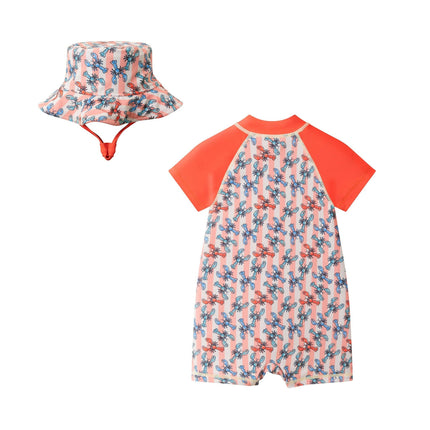 Infant Boys Orange Lobster Short Sleeve Swim Romper W/ Hat