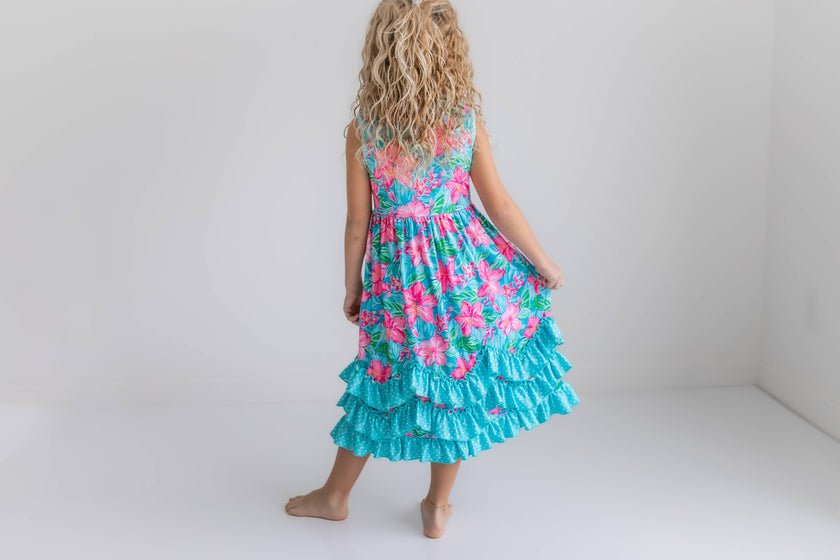 Pink Blue Tropical 3 Ruffle Spring Summer Easter Dress