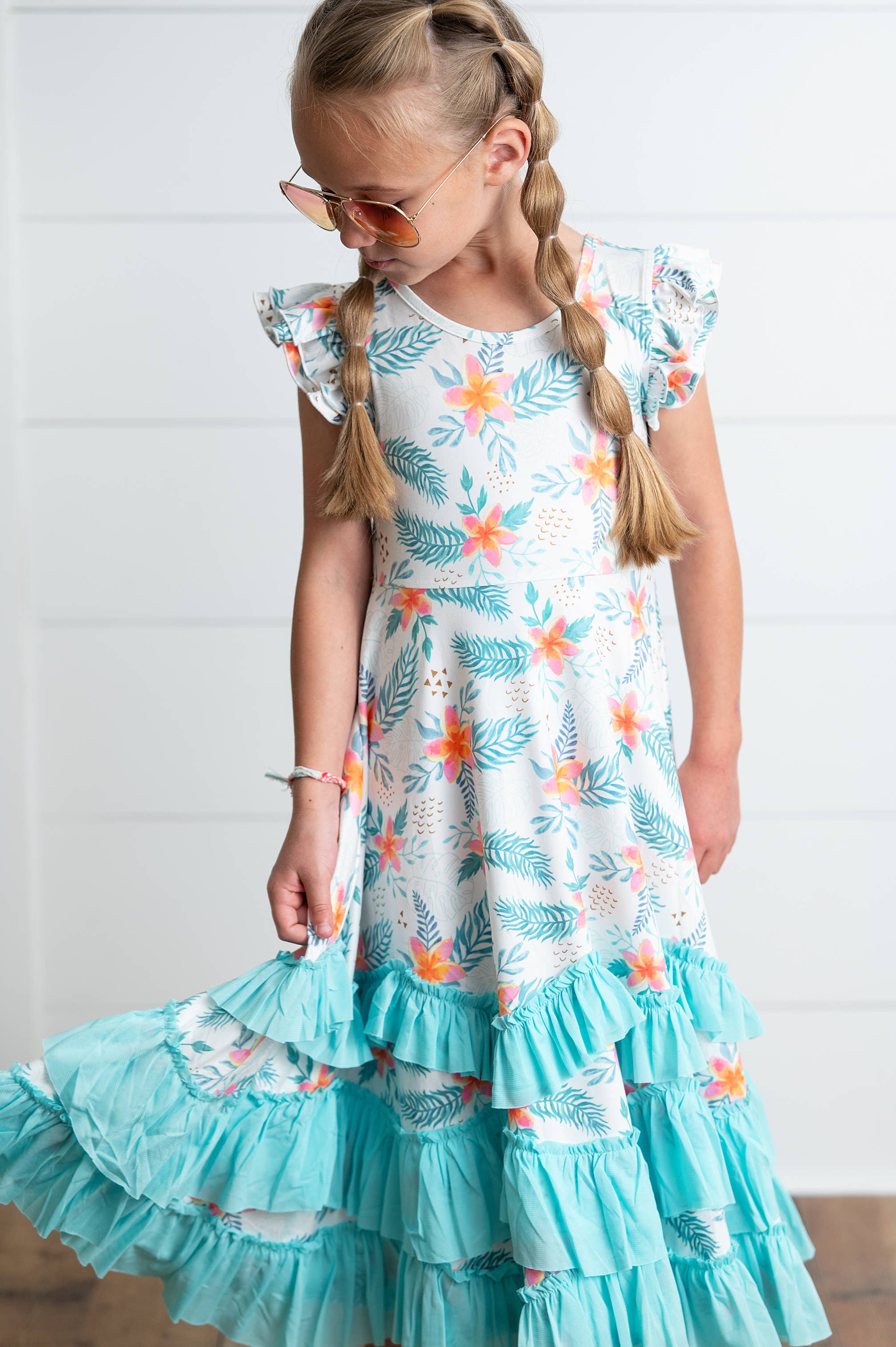 Girls Hawaiian Tropical Flutter Sleeve Ruffles Summer Dress