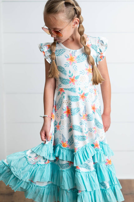 Girls Hawaiian Tropical Flutter Sleeve Ruffles Summer Dress