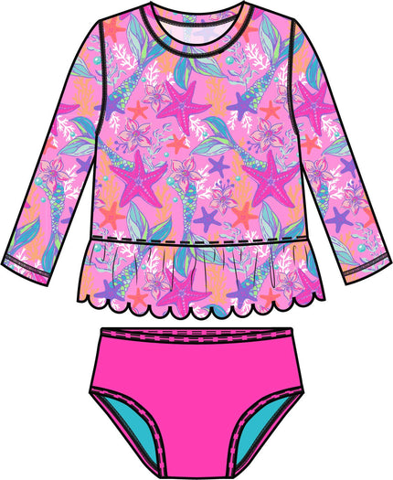 Girls Neon Shimmer Mermaid Scallop Hem Long Sleeve Rash Guard 2-Piece Swimsuit with Signature Rear Ruffles