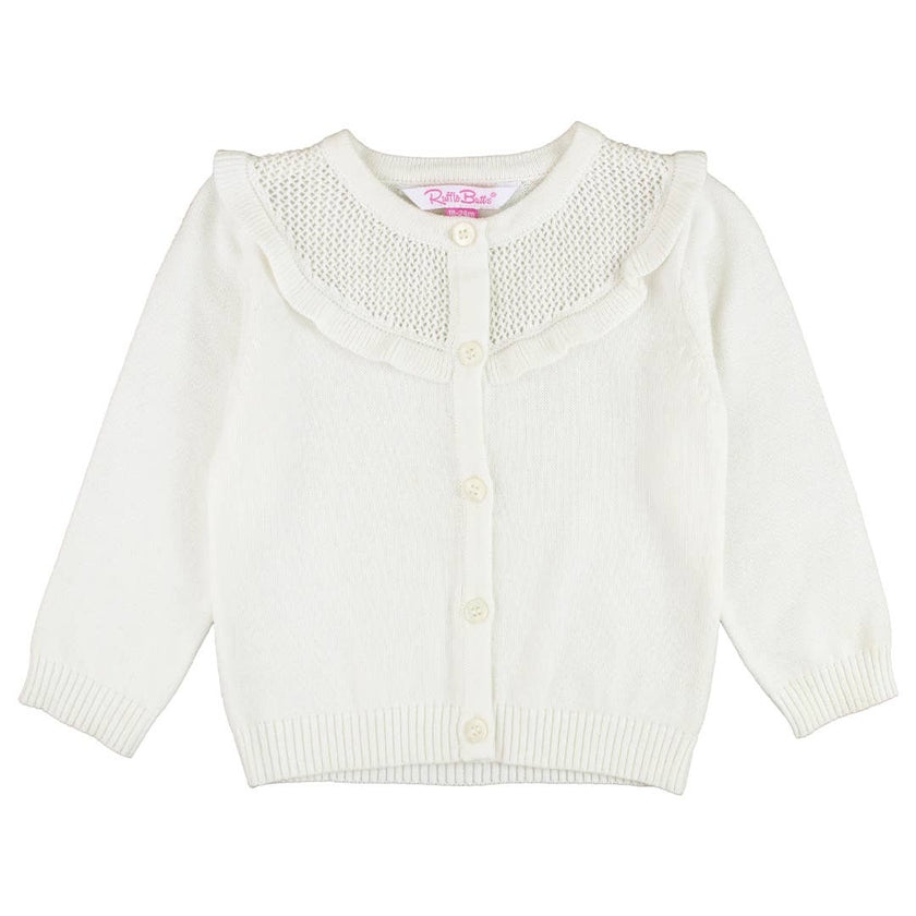 Girls Off-White Sweater Knit Ruffle Trim Cardigan