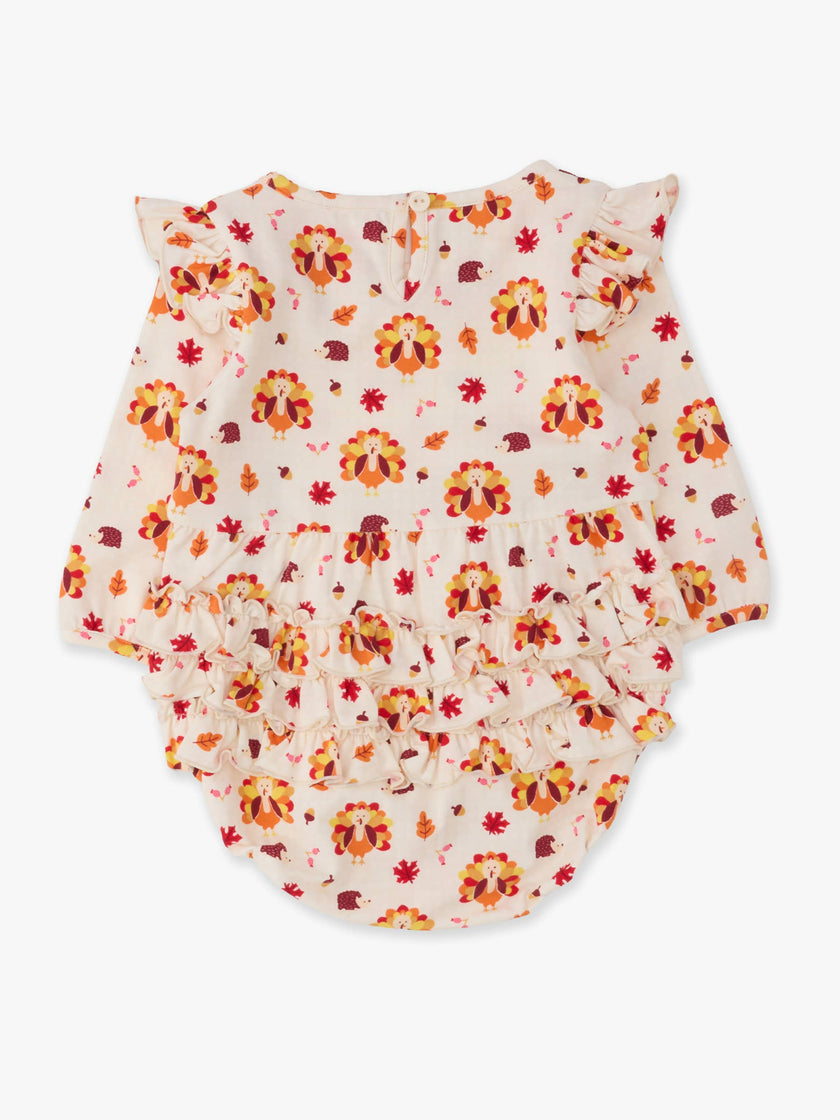 Baby Girls Thanksgiving Turkey Gobble Knit Long Sleeve Flutter Bubble Romper