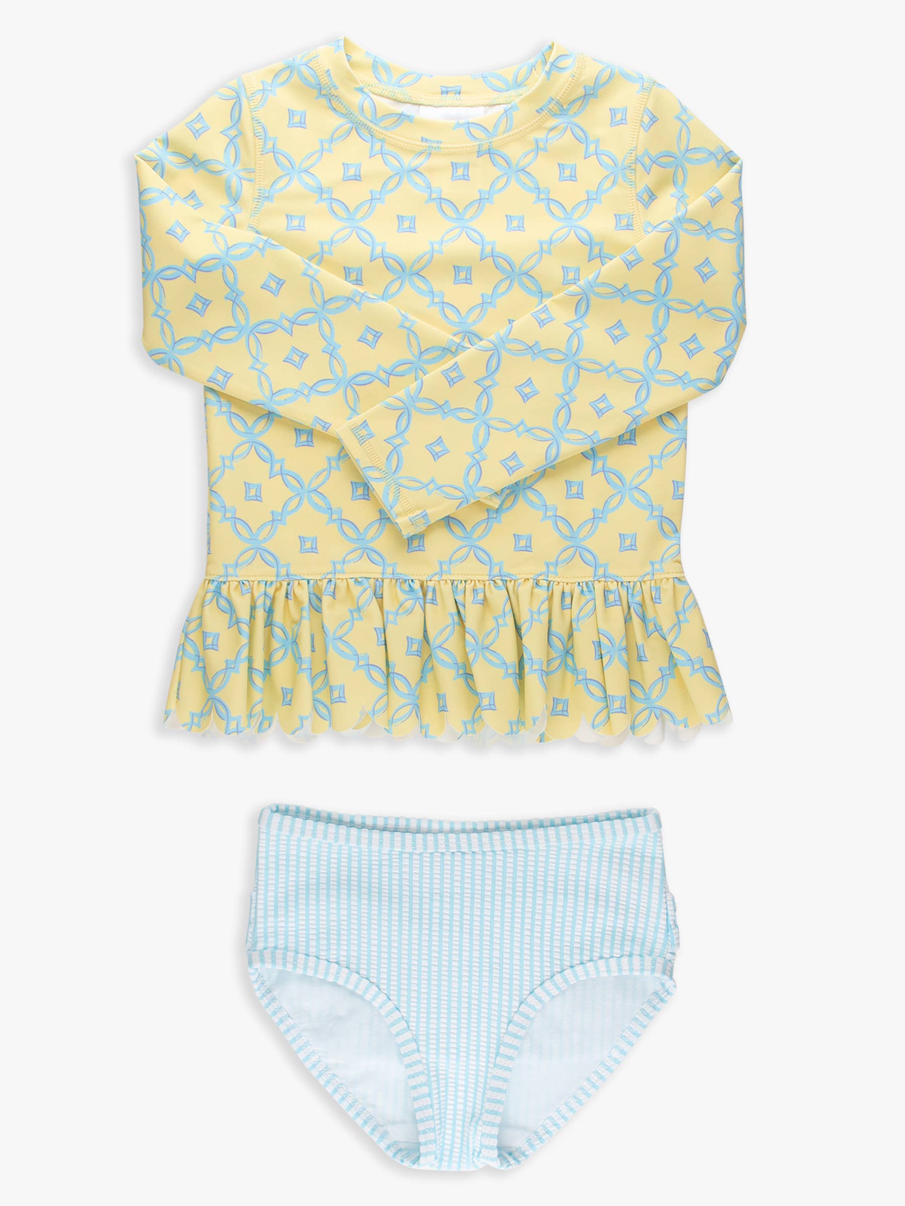 Girls Banana Coastal Charm Scallop Hem Long Sleeve Rash Guard 2-Piece Swimsuit with Signature Rear Ruffles