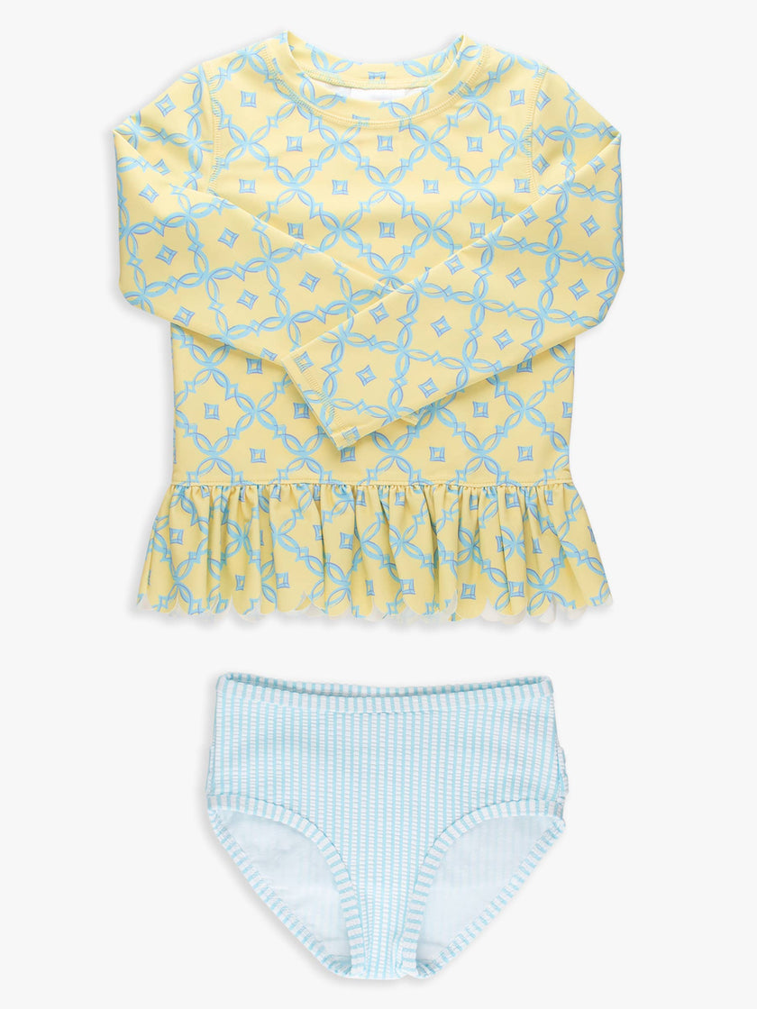 Girls Banana Coastal Charm Scallop Hem Long Sleeve Rash Guard 2-Piece Swimsuit with Signature Rear Ruffles