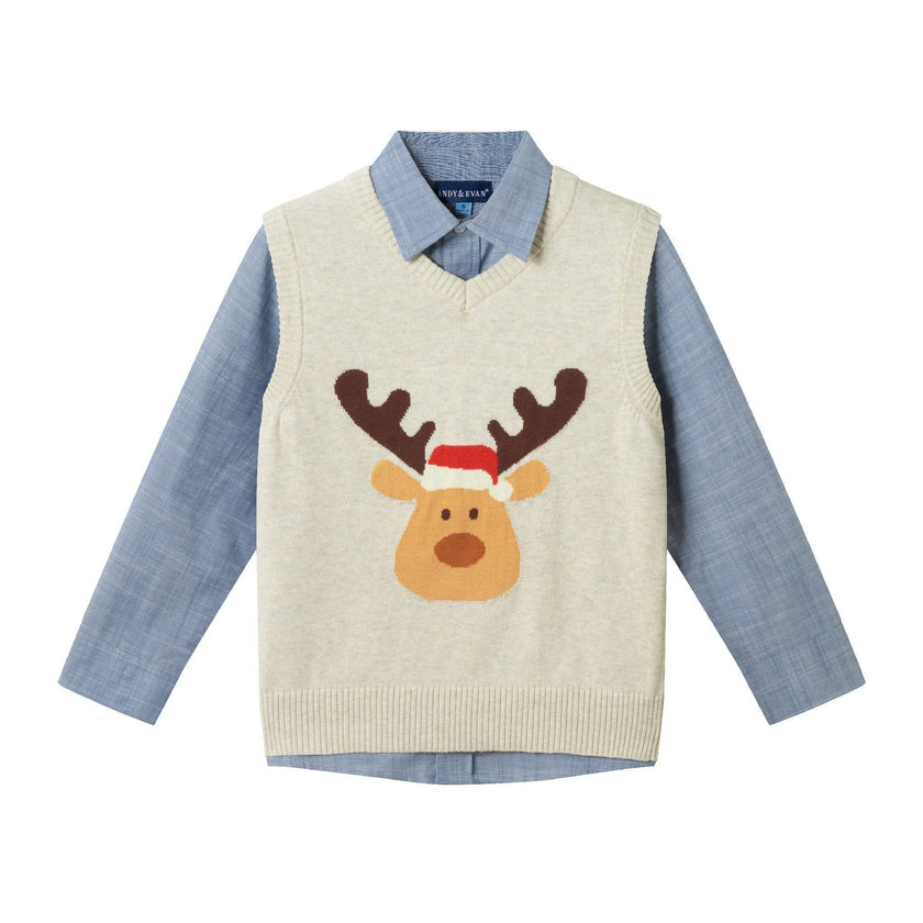 Kids Sweater Vest Holiday Set | Beige Reindeer