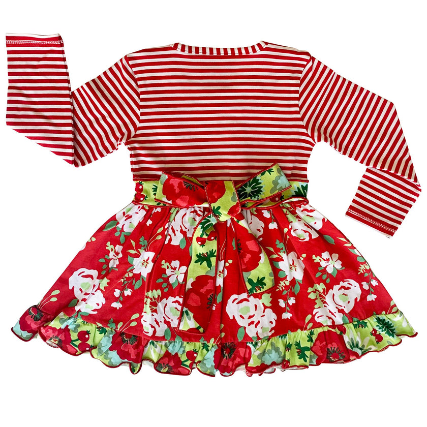 Girls Red Floral Stripes Christmas Dress & Leggings