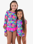 Girls Neon Ocean Coral Long Sleeve Rash Guard 2-Piece Swimsuit