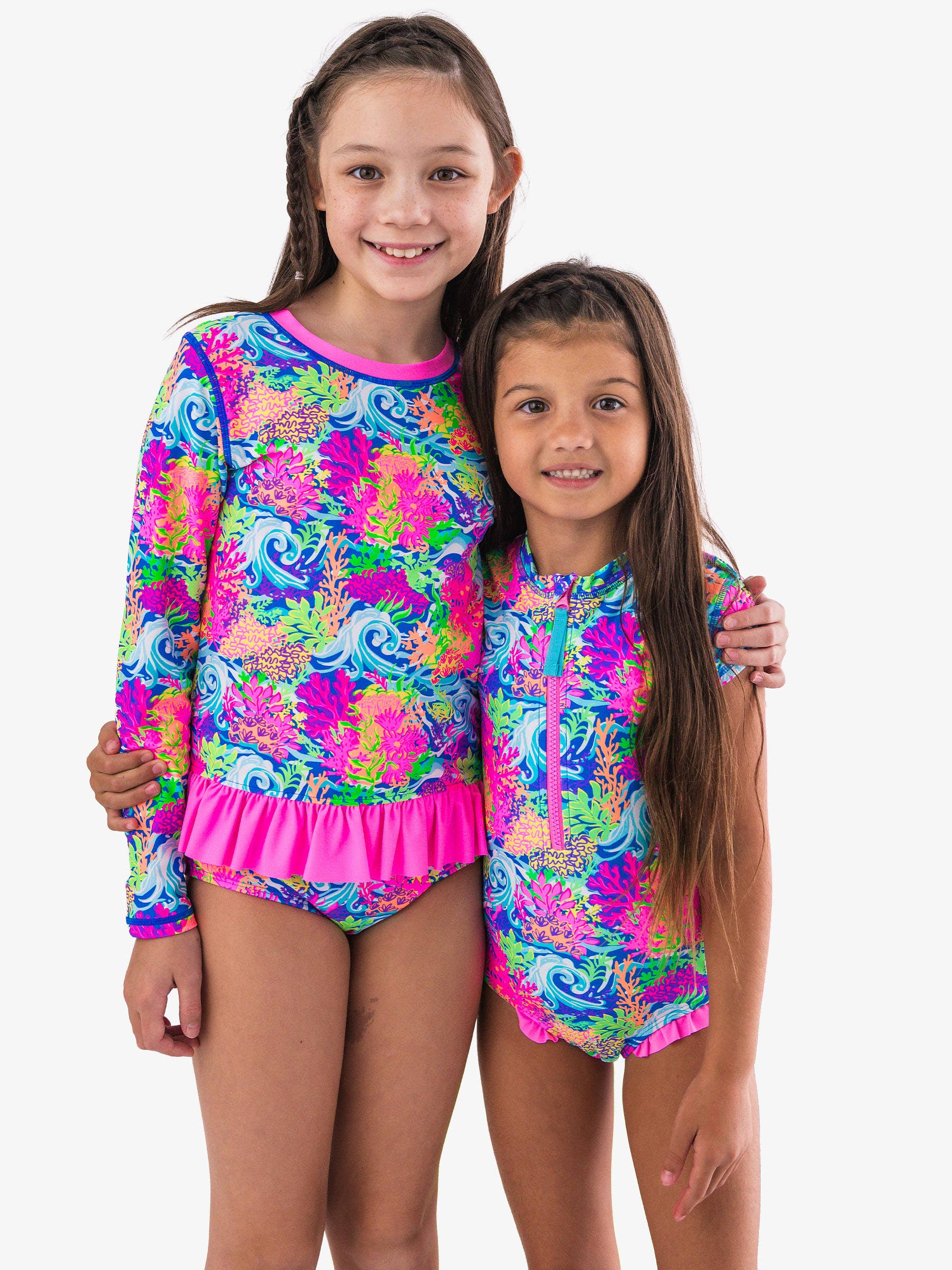 Girls Neon Ocean Coral Long Sleeve Rash Guard 2-Piece Swimsuit