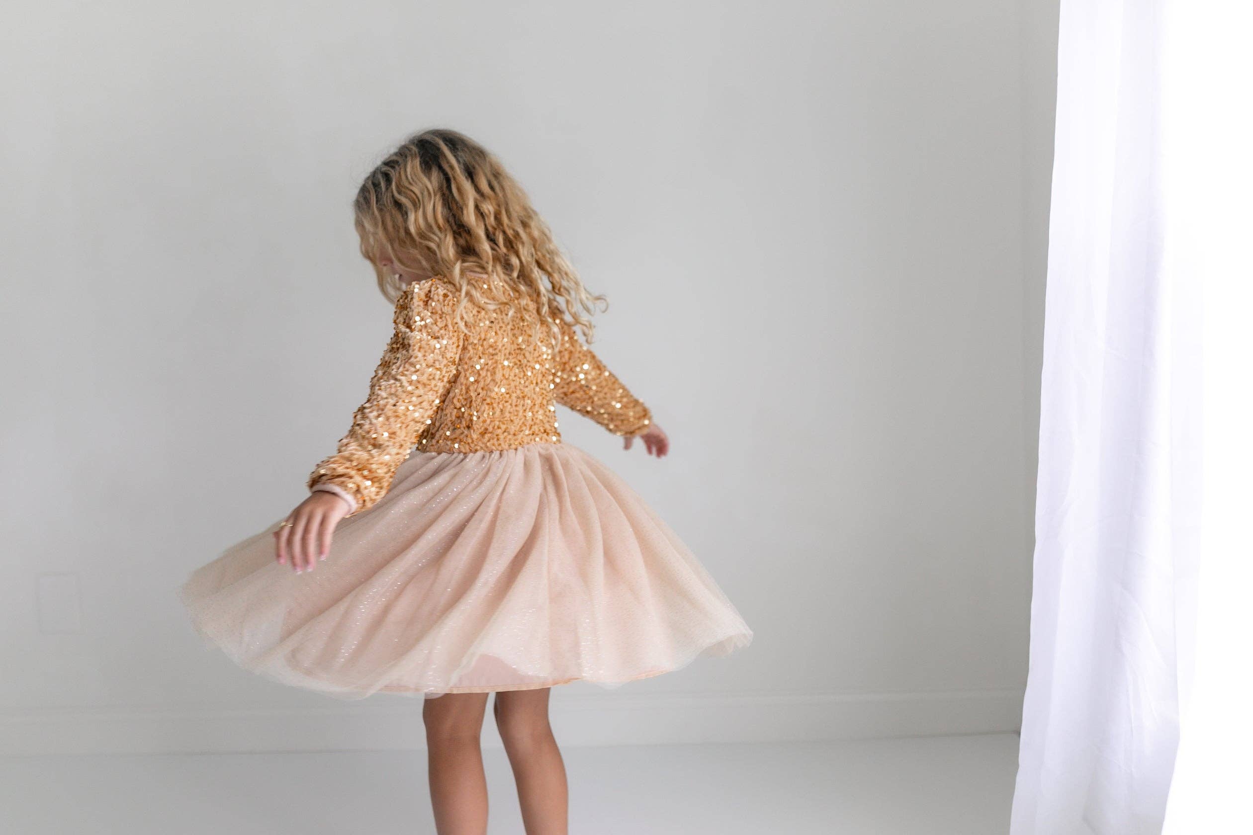 Kids Sequin Champagne Holiday Fancy Sparkle Tulle Dress
