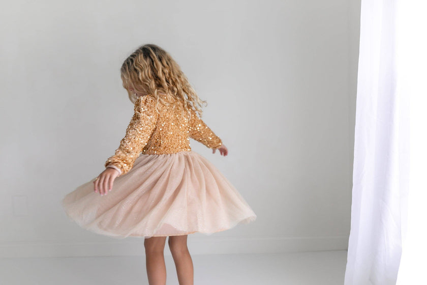 Kids Sequin Champagne Holiday Fancy Sparkle Tulle Dress