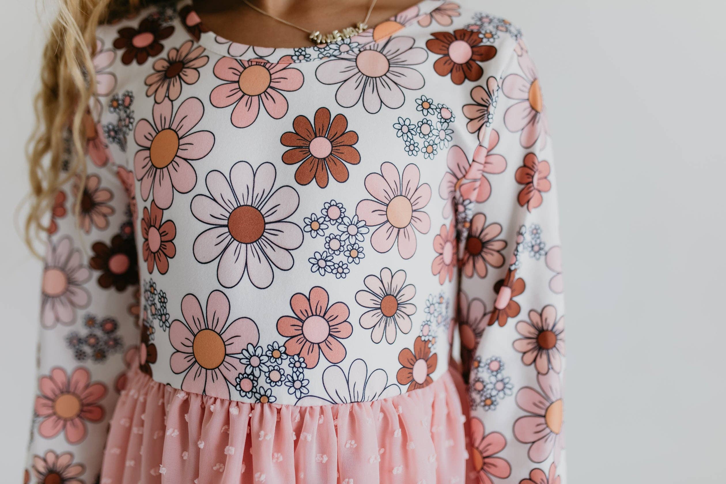 Girls Pink Retro Flower Print Swiss Dot Tulle Fall Dress