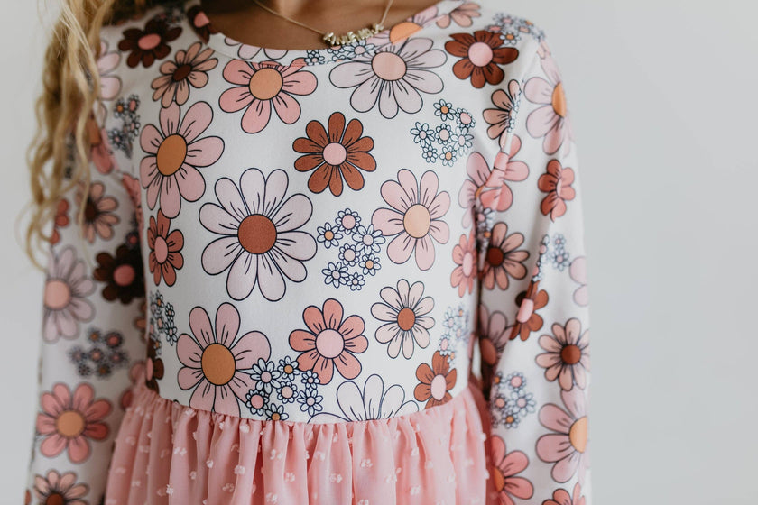 Girls Pink Retro Flower Print Swiss Dot Tulle Fall Dress