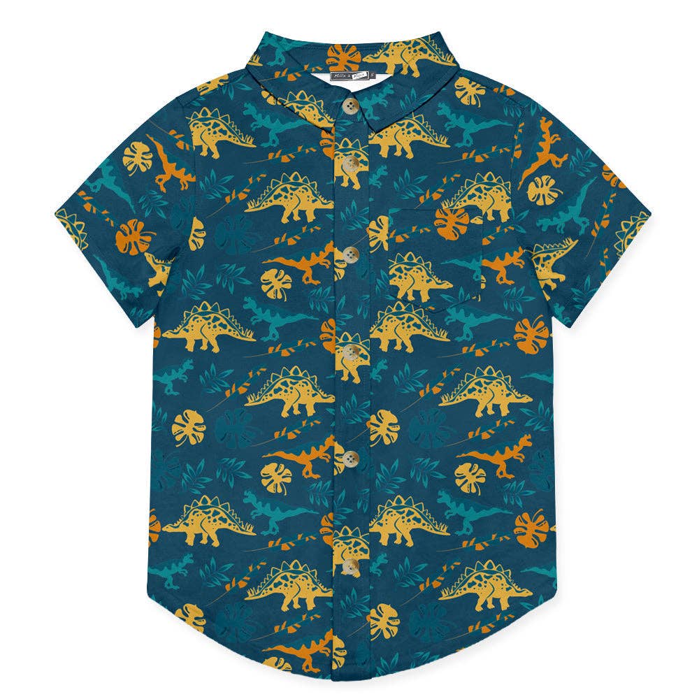 Boys Teal Dinosaur Short-Sleeve Button-Up