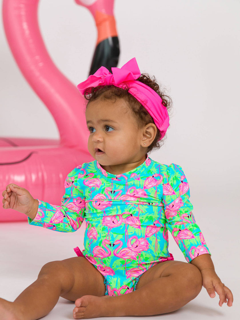 Baby Girls Neon Flamingo Fun Long Sleeve One Piece Rash Guard Swimsuit